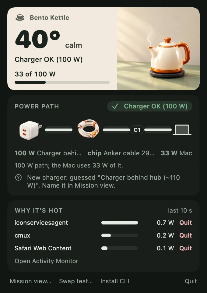 The Bento Kettle menu bar panel: chip at 40 degrees, a 100 W charger through an Anker cable, the Mac using 33 W, and the three apps drawing the most power, each with a Quit button